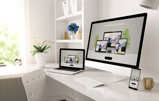 responsive devices on home desktop showing CLHOSTS web design website 3d rendering